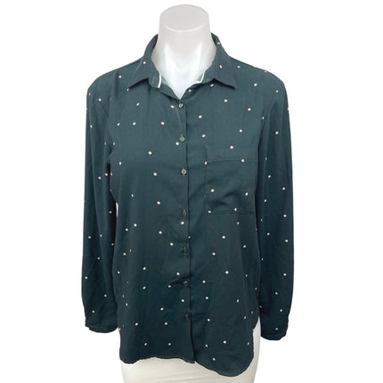 Zara Green Polka Button Down Collar Long Sleeve Cutout Back Shirt Blouse Top S