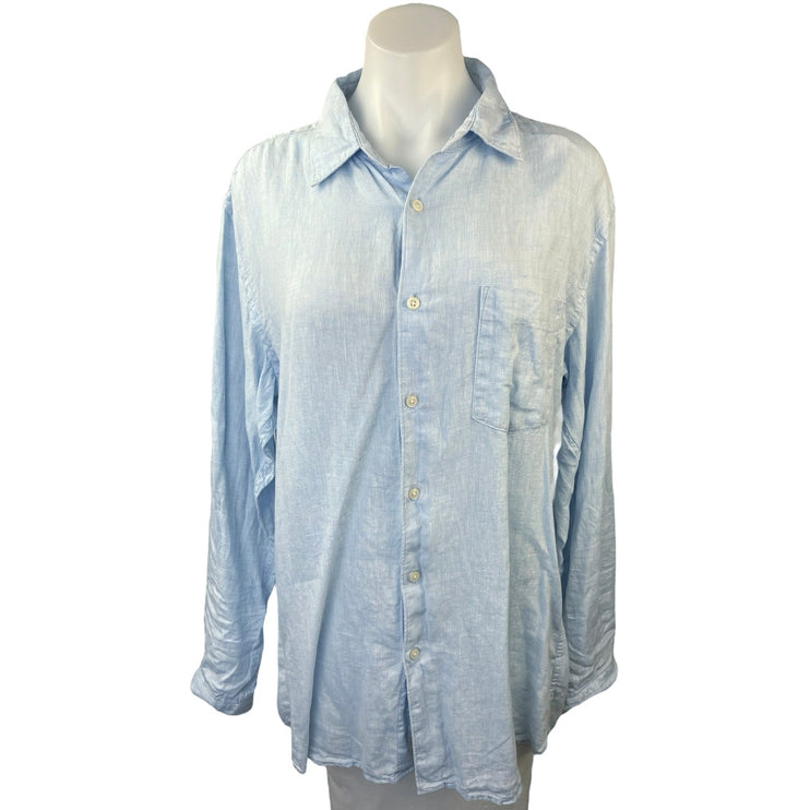 Uniqlo Blue 100% Linen Pocket Relaxed Long Sleeve Button Down Shirt Top Size L