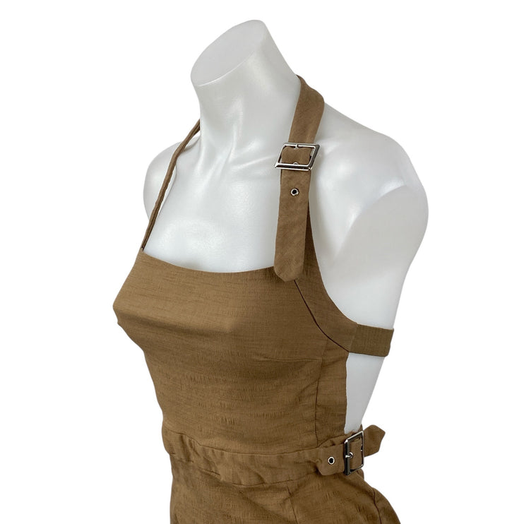 Zara Women's Tan Buckle Strap Halter Sleeveless Square Neck Mini Bodycon Dress S