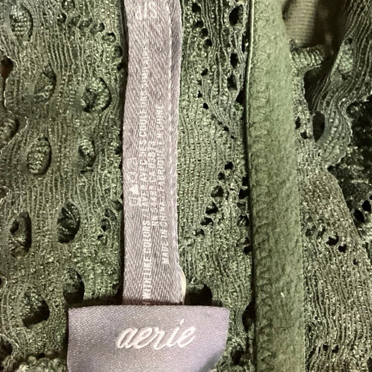 Aerie Olive Green Eyelet Floral Lace Crochet Racerback Bralette Bra Top Size S