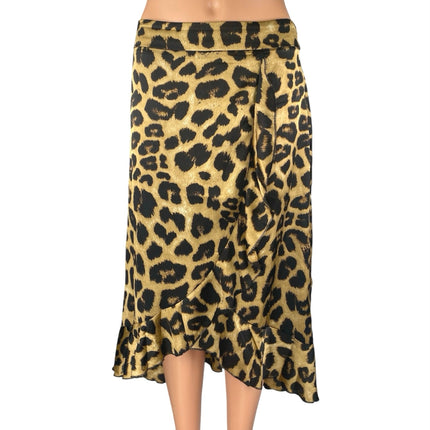 Women's Beige Black Leopard Animal Print Tie Back Ruffle Midi Skirt Size L