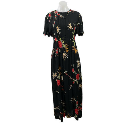 Positive Attitude Black Floral Short Sleeve Tie Pleated A Line Maxi Dress Sz 12