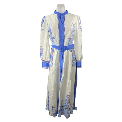 Women's White Blue Floral Long Sleeve Button Up Belted A Line Maxi Dress Size L