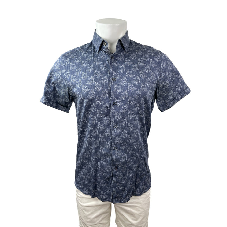 Ted Baker Men's Blue Palm Tree Short Sleeve Button Down Camp Shirt Top Size M