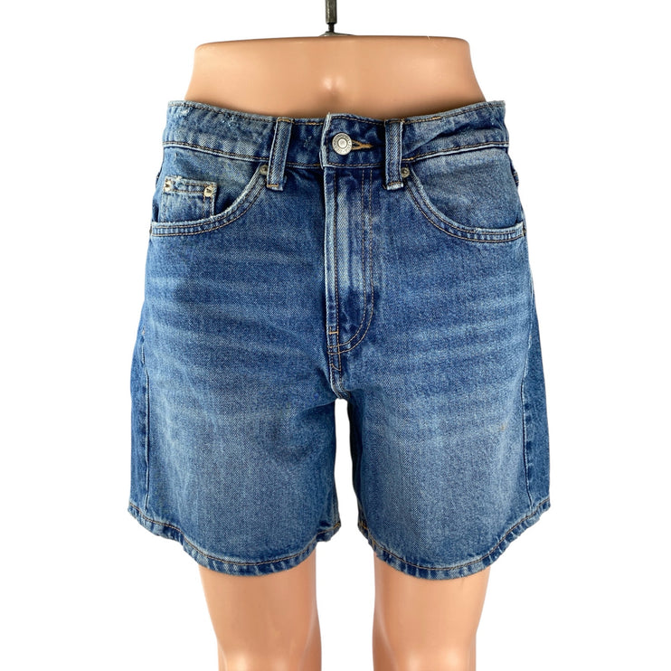 Zara Women's Blue High Rise Wide Leg Boyfriend Bermuda Mom Denim Shorts Size 4