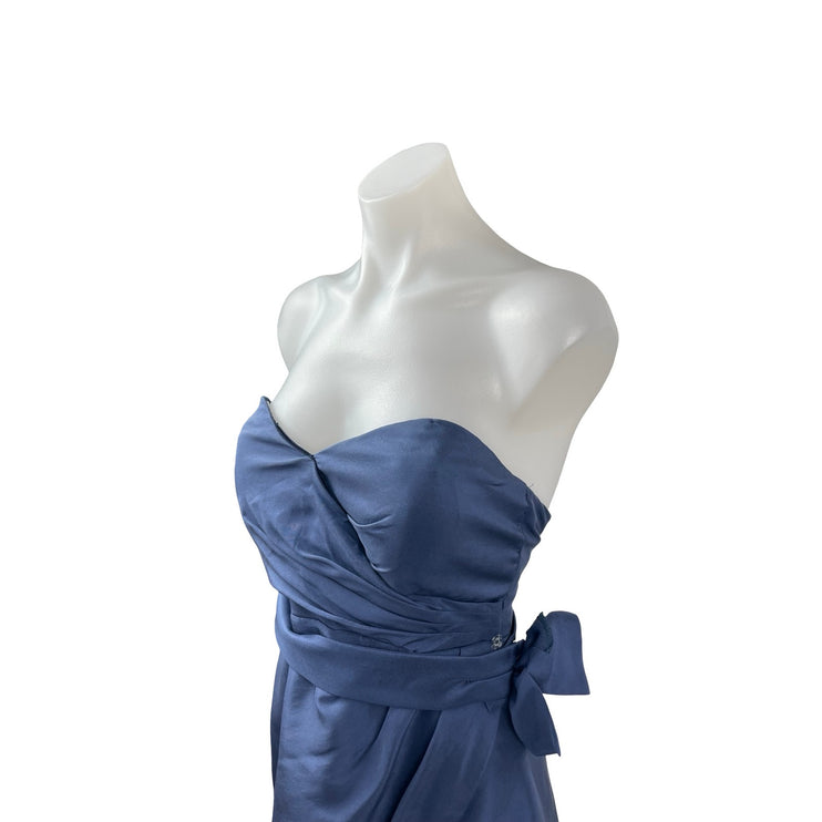 Jenny Yoo Blue Silk Satin Strapless Sweetheart Bow Tie Mini Sheath Dress Size 4