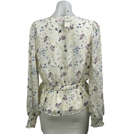 NEW Express Women's White Floral Long Sleeve V Neck Peplum Blouse Top Size M