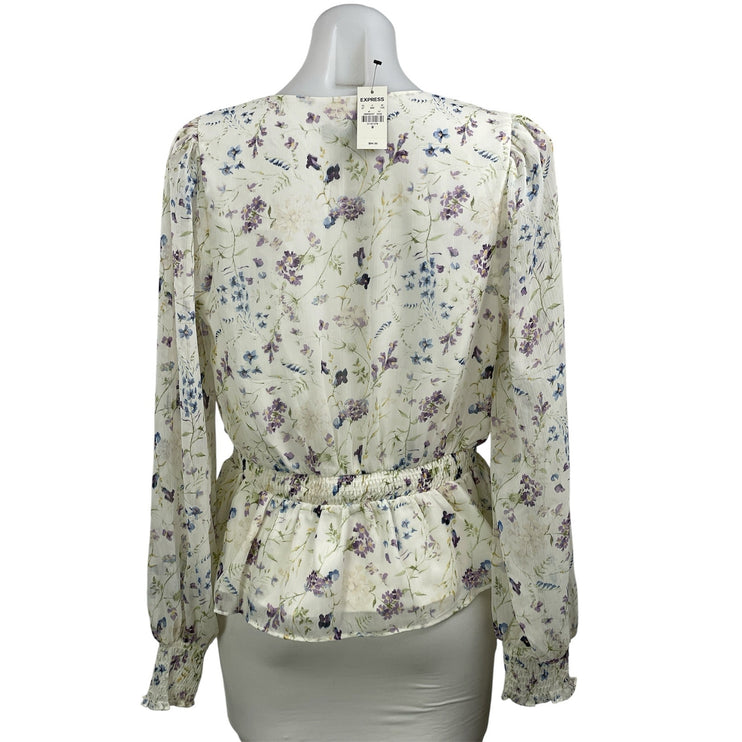 NEW Express Women's White Floral Long Sleeve V Neck Peplum Blouse Top Size M