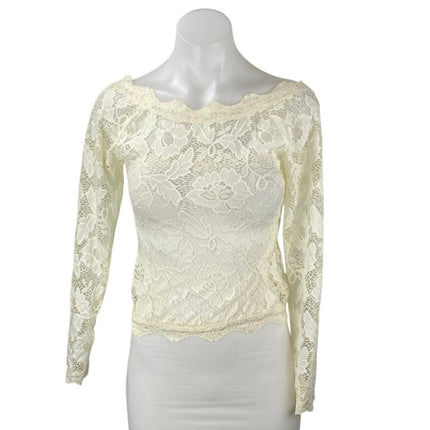 Free People Intimately Cream Long Sleeve Floral Lace Boat Neck Blouse Top Sz XS