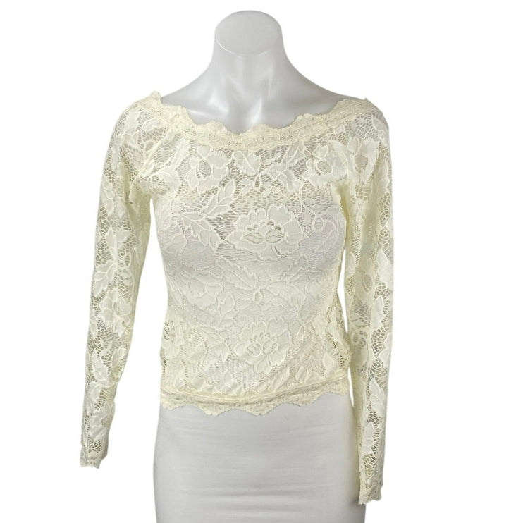Free People Intimately Cream Long Sleeve Floral Lace Boat Neck Blouse Top Sz XS