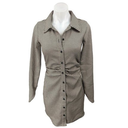 Zara Black Tan Houndstooth Ruched Long Sleeve Collar Button Mini Shirt Dress S