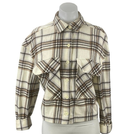Zara Plaid Check Collared Long Sleeve Crop Button Up Shirt Coat Jacket Top Sz S