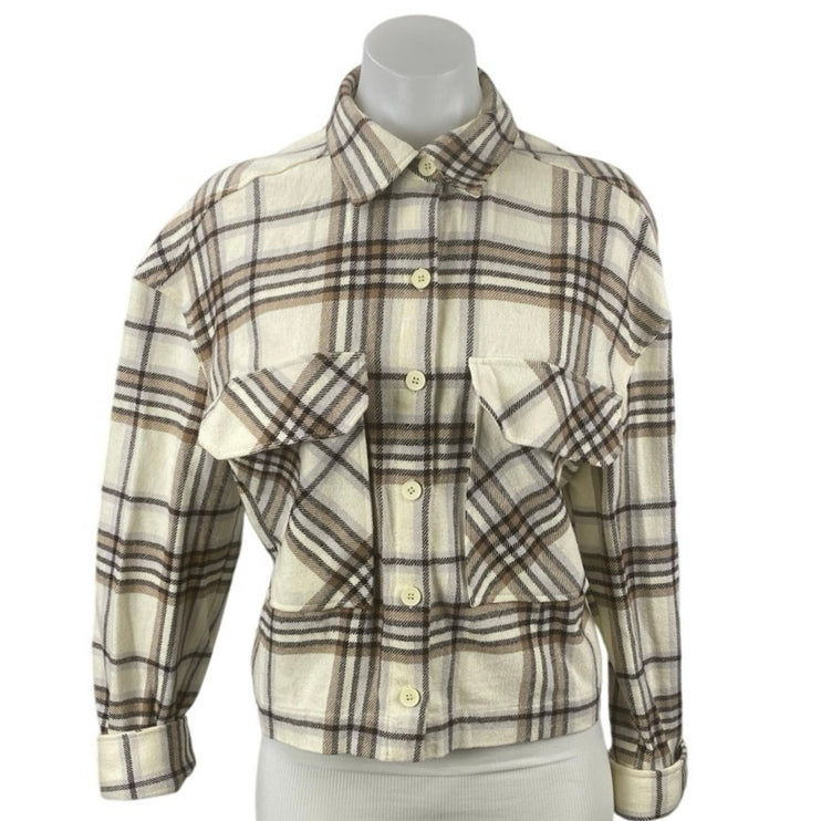 Zara Plaid Check Collared Long Sleeve Crop Button Up Shirt Coat Jacket Top Sz S
