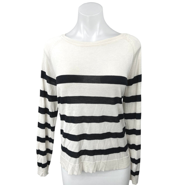 Zara White Black White Striped Knit Boat Neck Long Sleeve Pullover Sweater Top L