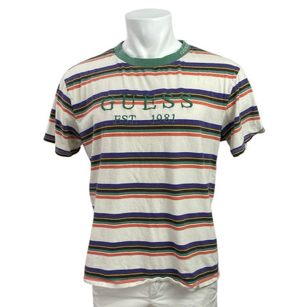Guess Men's Multicolor Striped Short Sleeve Logo Crewneck Embroidered Tee Size M