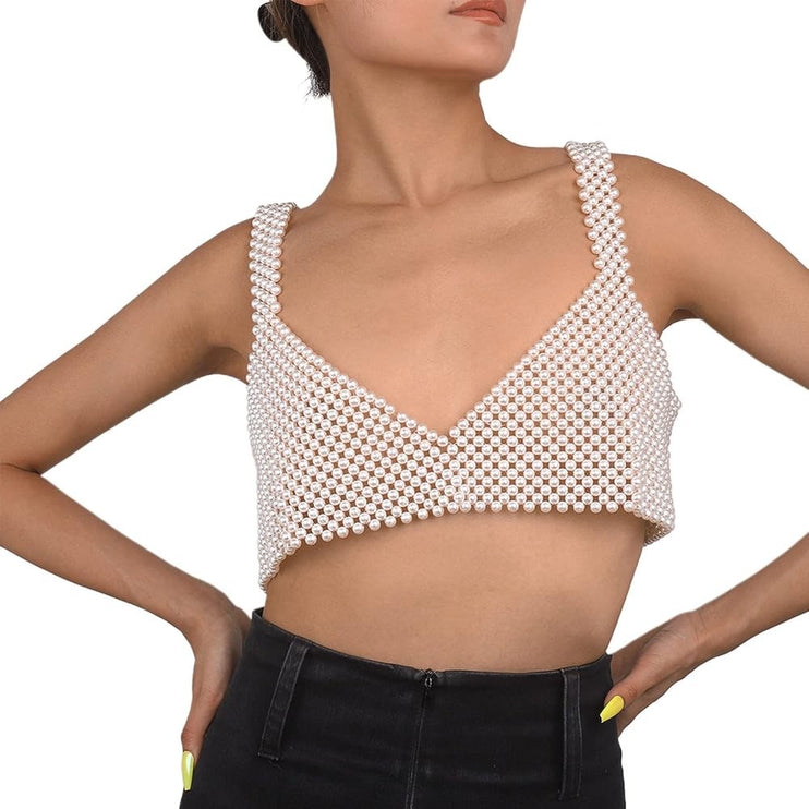 Women's White V Neck Sleeveless Pullover Chic Pearl Chain Beaded Crop Top Size M