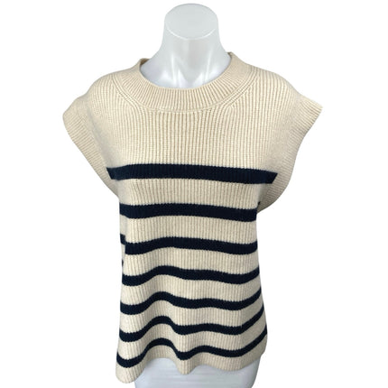 Zara Beige Black Ribbed Knit Striped Drop Short Sleeve Crew Neck Sweater Top S