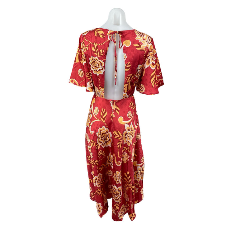 Flying Tomato Red Floral Half Flutter Sleeve Open Back Fit & Flare Midi Dress S