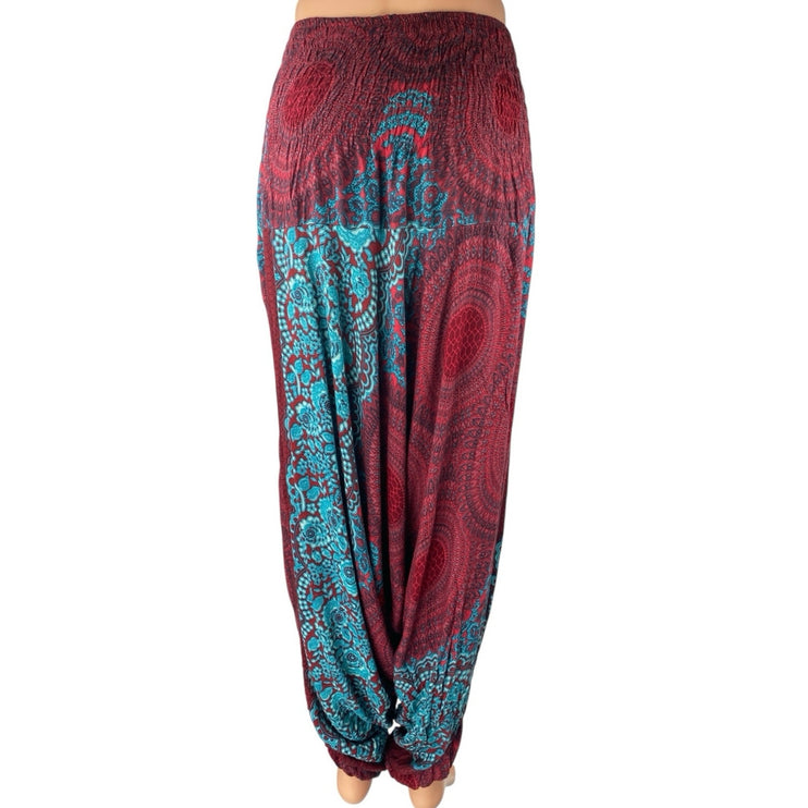 Women's Red Blue Floral Smocked Drapey Tapered Jogger Harem Pants One Size