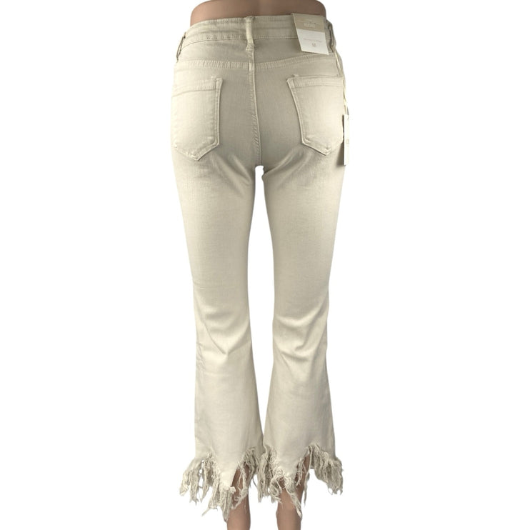 NEW Adoro Beige Frayed Distressed High Waist Straight Flared Denim Jeans Pants M