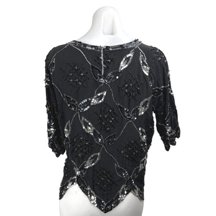 Vintage Argenti Black 100% Silk Sequin Embellished Short Sleeve Blouse Top Sz M