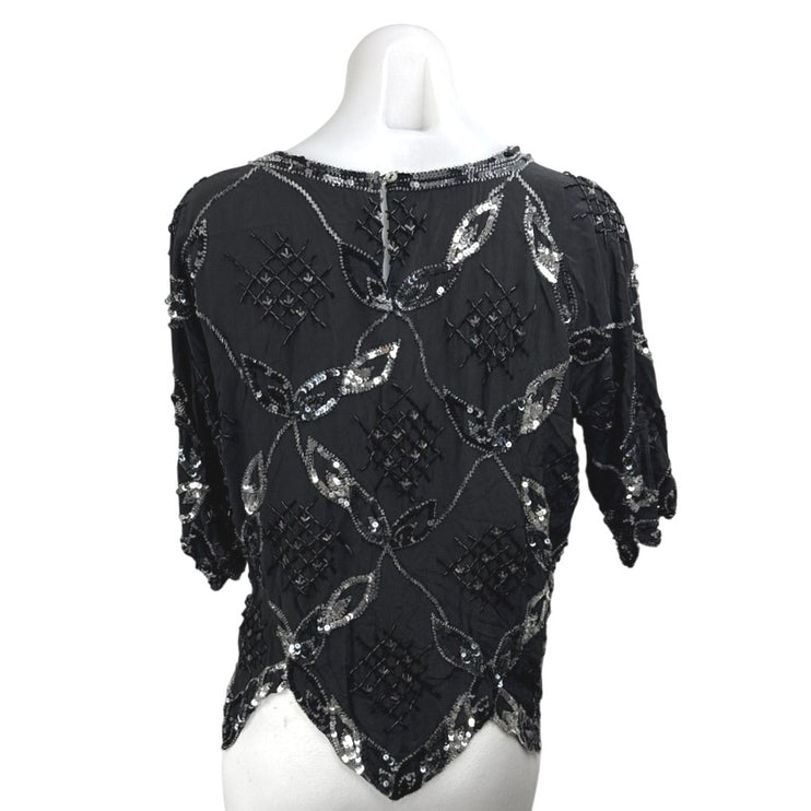 Vintage Argenti Black 100% Silk Sequin Embellished Short Sleeve Blouse Top Sz M