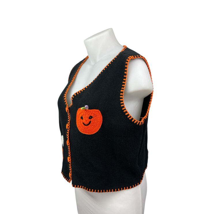 Cider Womens Black Coral Stitch Pumpkin Knit Button Up Cardigan Sweater Vest 3XL