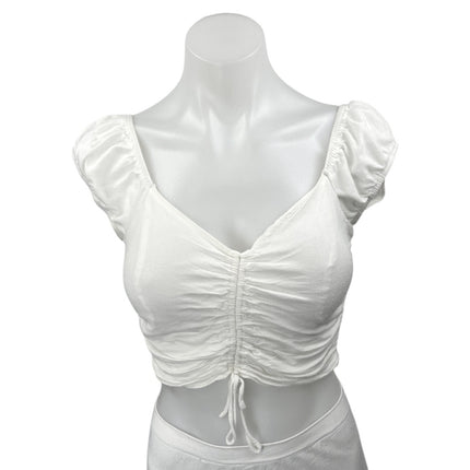 Princess Polly White Short Puff Sleeve Ruched Smocked V Neck Crop Top Size 6