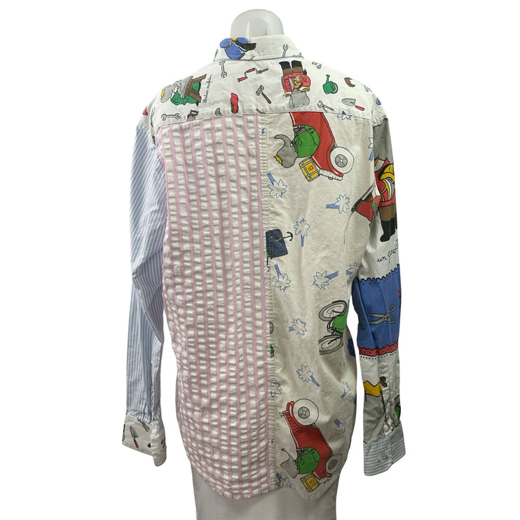 Outsiders Division Women Striped Graphic Patchwork Long Sleeve Button Up Shirt L