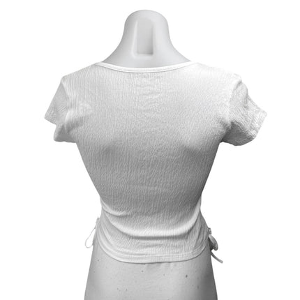 Brandy Melville White Crinked Faux Wrap Short Sleeve Ruched Crop Blouse Top Sz S