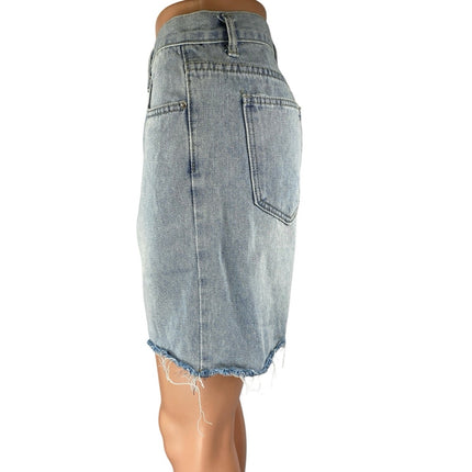 Love + Harmony Blue High Waisted Frayed Raw Hem Bermuda Denim Jeans Shorts Sz M