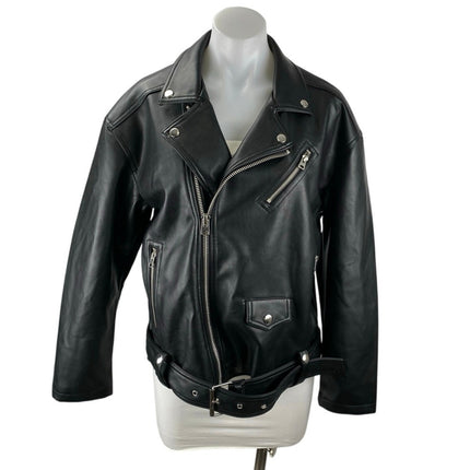NEW Topshop Women's Black Faux Vegan Leather Zip Up Long Sleeve Moto Jacket Sz 4