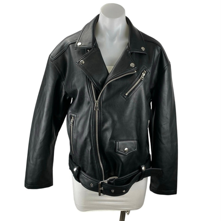 NEW Topshop Women's Black Faux Vegan Leather Zip Up Long Sleeve Moto Jacket Sz 4