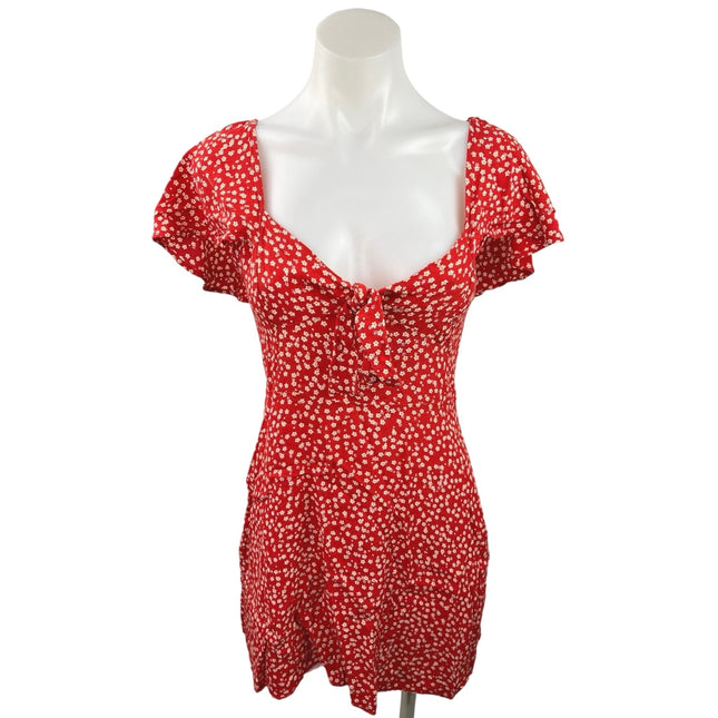Zara Red Floral Sweetheart Neck Flutter Sleeve Bow Smocked Back Mini D Brie Zara Red Floral Sweetheart Neck Flutter Sleeve Bow Smocked Back Mini D Brie