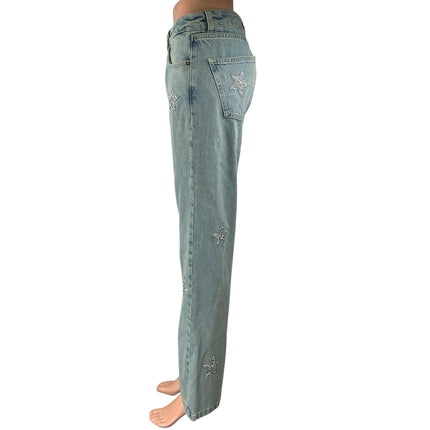 Nasty Gal Women's Blue Embellished Star Print Straight High Rise Denim Jeans 4