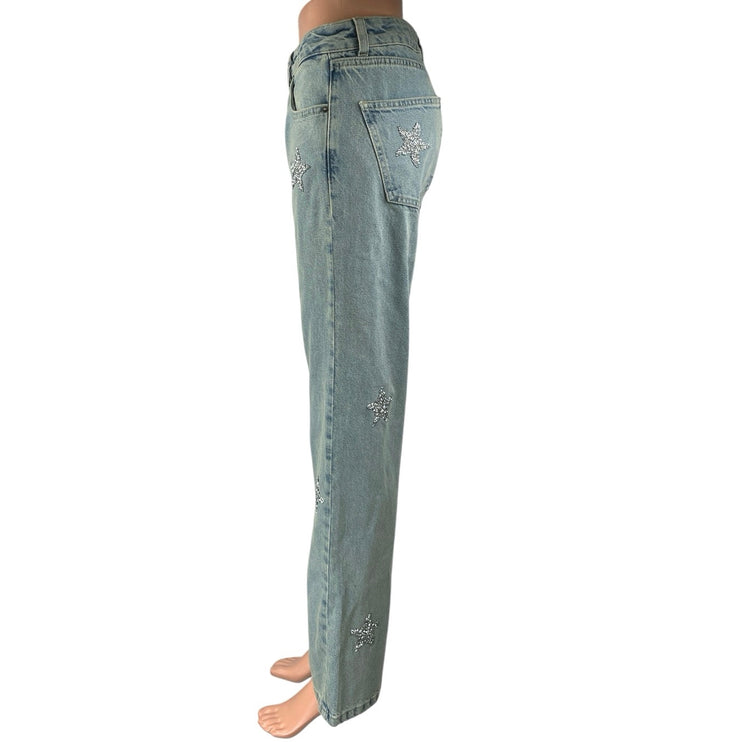 Nasty Gal Women's Blue Embellished Star Print Straight High Rise Denim Jeans 4