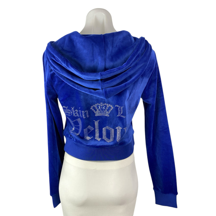 NEW Juicy Couture Blue Rhinestone Velvet Velour Hoodie Hooded Zip Sweatshirt S