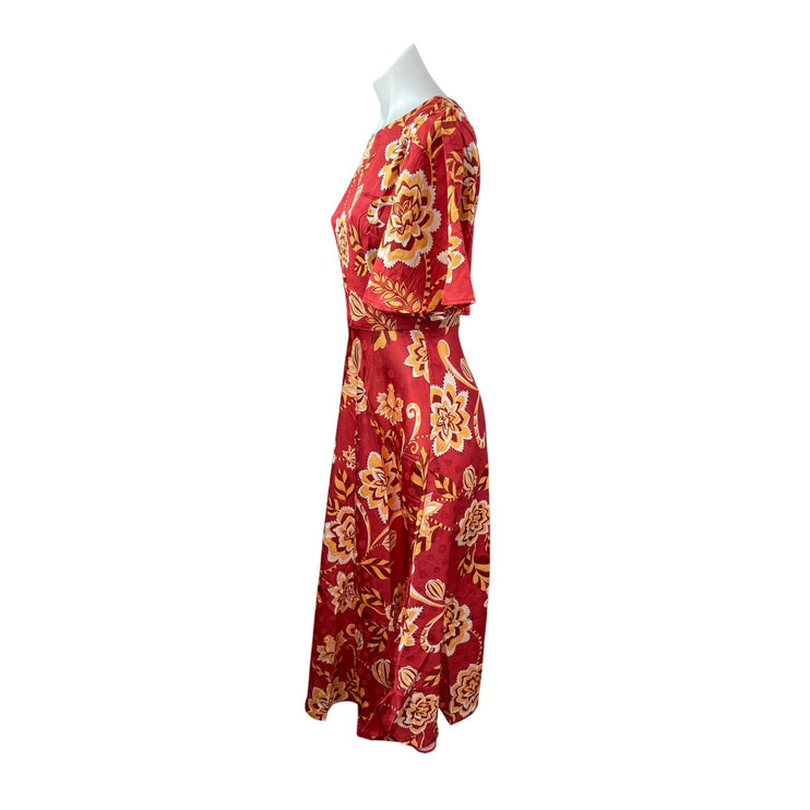 Flying Tomato Red Floral Half Flutter Sleeve Open Back Fit & Flare Midi Dress S