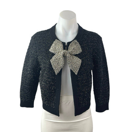 Alice + Olivia Akira Black Silver Beaded Bow 3/4 Sleeve Cardigan Sweater Top M