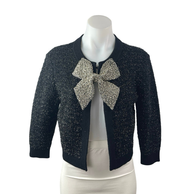 Alice + Olivia Akira Black Silver Beaded Bow 3/4 Sleeve Cardigan Sweater Top M