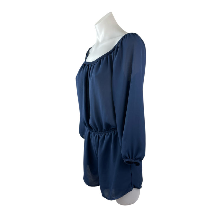 c Women's Navy Blue Long Sleeve Off The Shoulder Blouson Romper Shorts XS