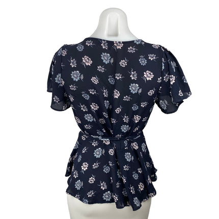 Ann Taylor LOFT Navy Blue Floral Short Flutter Sleeve Tie Wrap Peplum Blouse S