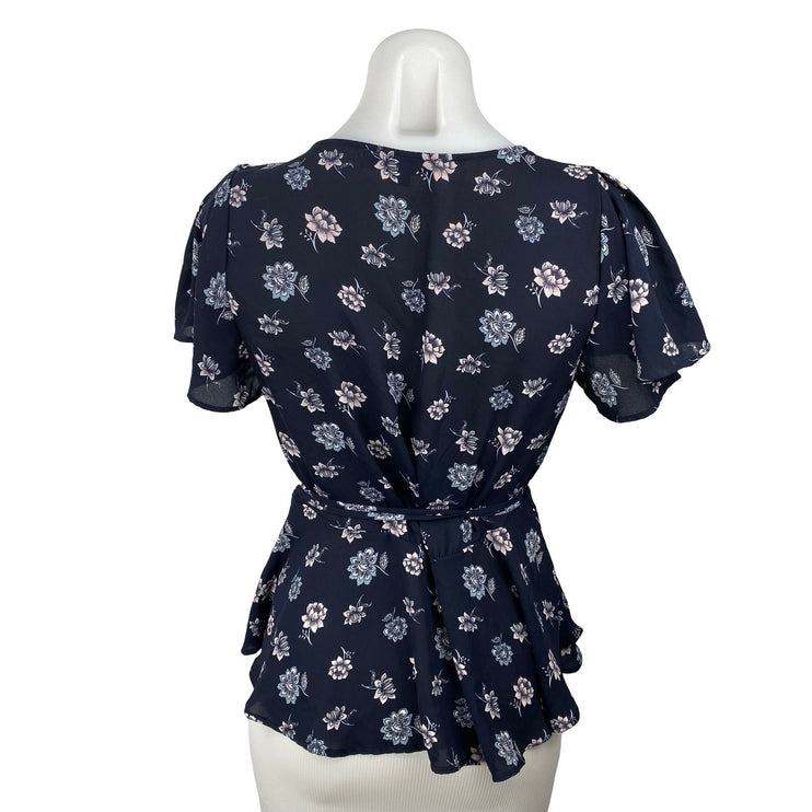 Ann Taylor LOFT Navy Blue Floral Short Flutter Sleeve Tie Wrap Peplum Blouse S