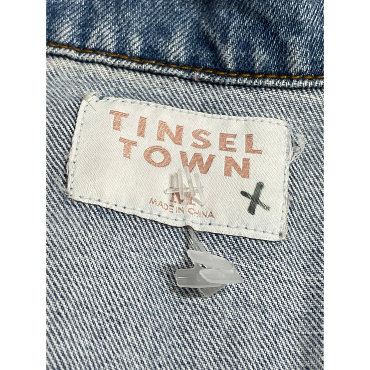 Tinseltown Pearl Stud Faux Fur Trim Rhinestone Fringe Ripped Denim Coat Jacket M