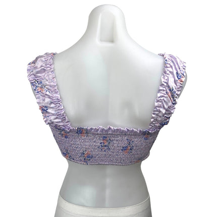 More to Come Purple Satin Floral Ruffle Sleeveles Bandeau Bustier Crop Top Sz XS