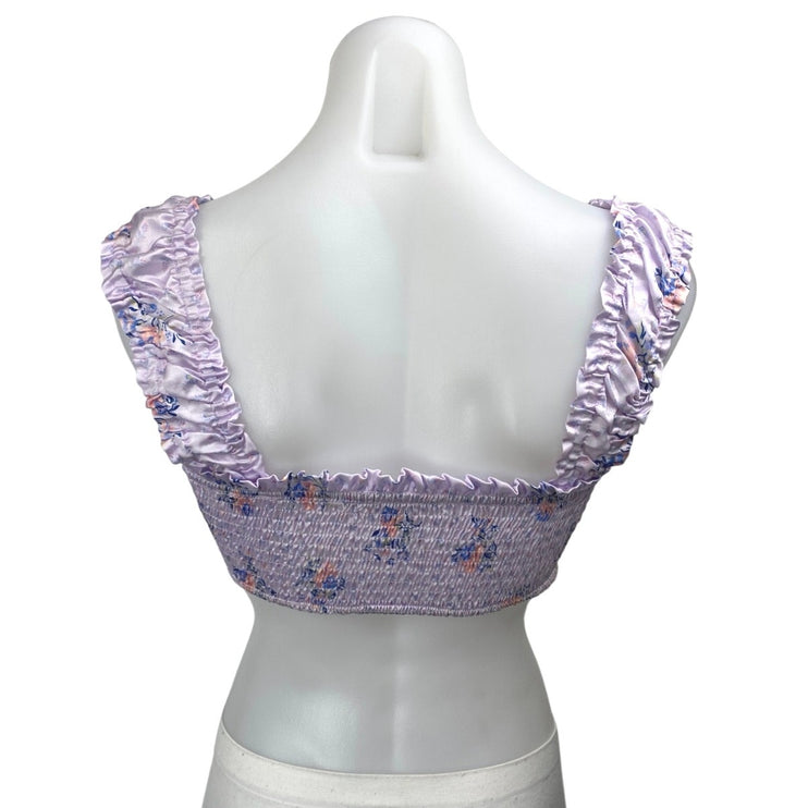 More to Come Purple Satin Floral Ruffle Sleeveles Bandeau Bustier Crop Top Sz XS