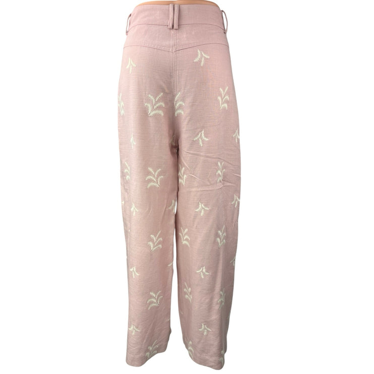 Zara Women's Pink Embroidered Palm Tree High Rise Wide Leg Trouser Pants Sz M