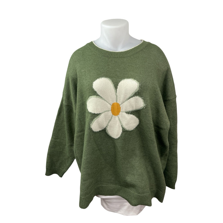 Bloomchic Women Green Floral Daisy Long Sleeve Knit Crew Neck Sweater Top 22/24
