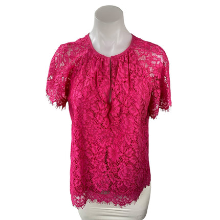 J.Crew Women's Pink Floral Lace Keyhole Round Neck Short Sleeve Blouse Top Sz S