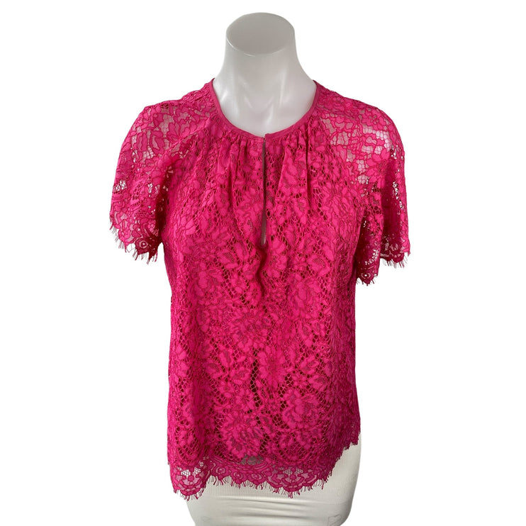 J.Crew Women's Pink Floral Lace Keyhole Round Neck Short Sleeve Blouse Top Sz S